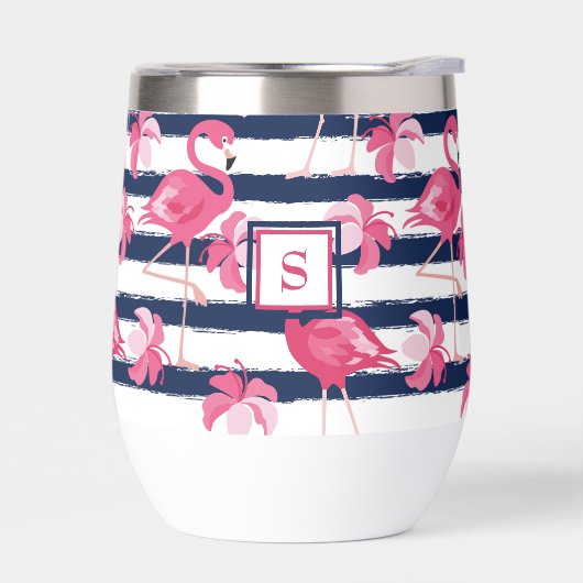 Donkerblauwe grunge strepen roze flamingo monogram (Links)