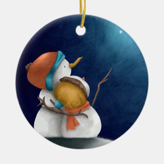 Donkerblauwe hemel Snowmen die sterren omhelzen Keramisch Ornament (Voorkant)