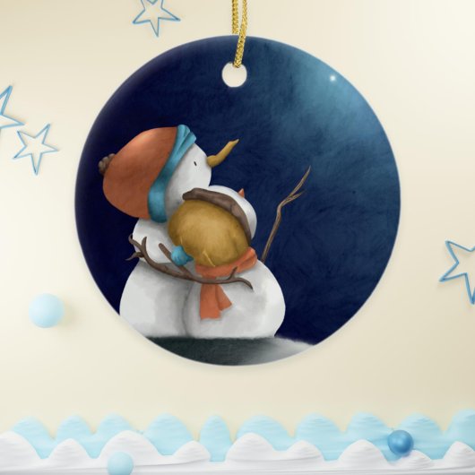 Donkerblauwe hemel Snowmen die sterren omhelzen Keramisch Ornament