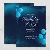 Donkerblauwe illustratieve verjaardagsfeestuitnodi kaart (Voorkant / Achterkant)