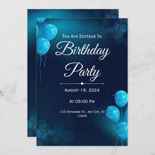 Donkerblauwe illustratieve verjaardagsuitnodiging kaart (Voorkant / Achterkant)