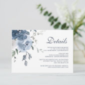 Donkerblauwe Ivoren Bloemige Trouwdetails Informatiekaartje (Staand voorkant)