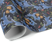 Donkerblauwe kerst William Morris Geïnspireerd Cadeaupapier (Rol Hoek)