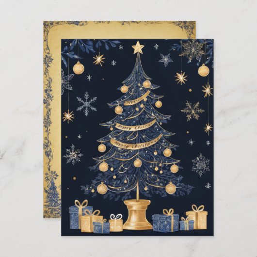 Donkerblauwe kerstboom en cadeau Kaart (Voorkant / Achterkant)