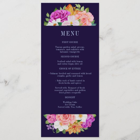 Donkerblauwe kleurrijke Bouquets Floral Modern Wed Menu (Voorkant)