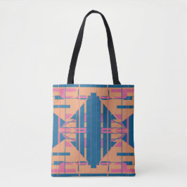 Donkerblauwe koraal roze symmetrische zuidwestelij tote bag