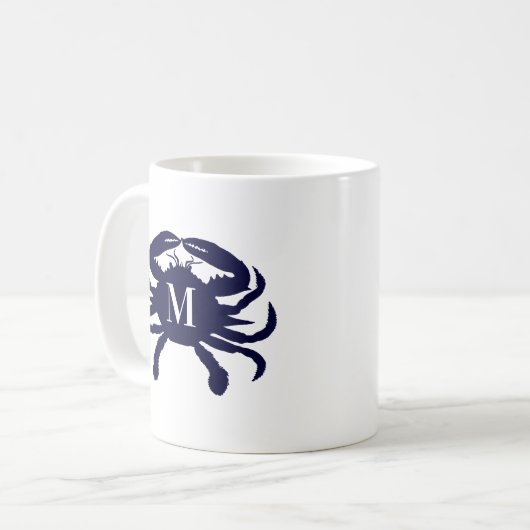 Donkerblauwe krab monogram koffiemok (Voorkant links)