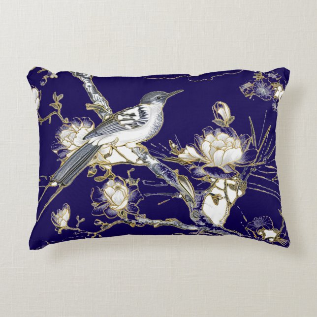 Donkerblauwe kussen met vogelaccent (Voorkant)