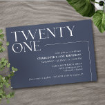 Donkerblauwe marine | Cool Modern 21st verjaardags Kaart<br><div class="desc">Moderne uitnodigingen voor de 21e verjaardag met grote kop "eenentwintig" tekst in een accentlettertype. Off-center ontwerp met wit lettertype op een contrasterende donkerblauwe achtergrond.</div>
