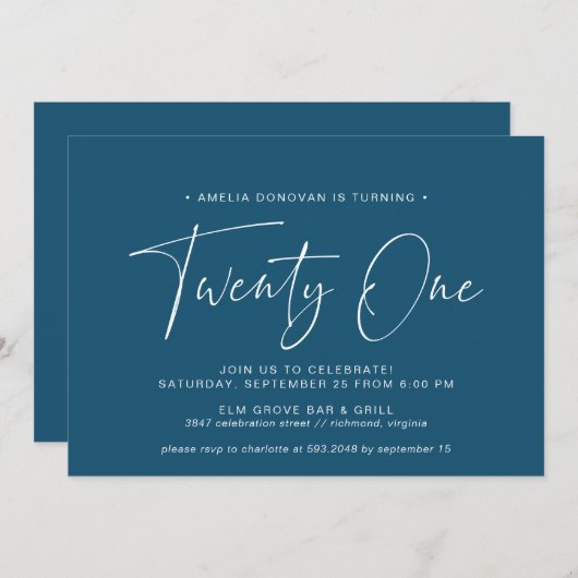 Donkerblauwe marine | Eenvoudig script 21e verjaar Kaart (Voorkant / Achterkant)