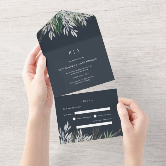 Donkerblauwe marineslag Waterverf vertrekt huwelij All In One Uitnodiging (Afscheurbaar)