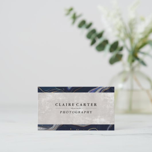 Donkerblauwe marmer | Visitekaartje van textiel (Staand voorkant)