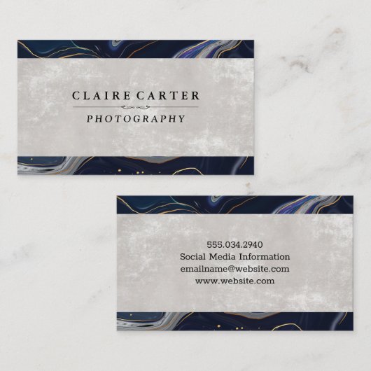 Donkerblauwe marmer | Visitekaartje van textiel (Voorkant / Achterkant)
