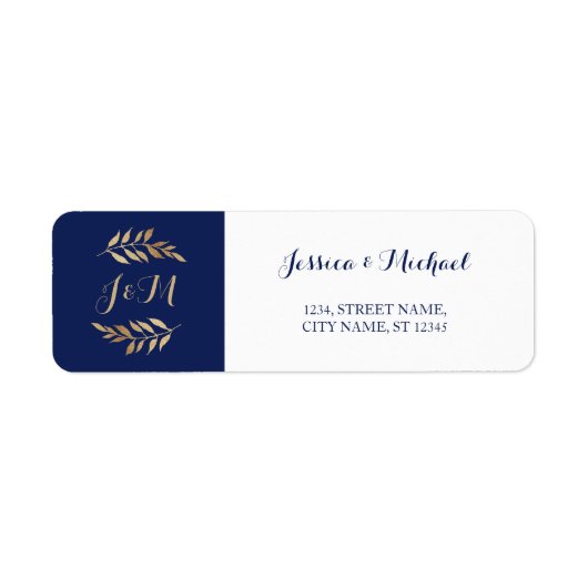 Donkerblauwe monogram left Wreated Wedding Etiket (Voorkant)