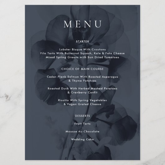 Donkerblauwe Moody Botanische Overlay Bruiloft Menu (Voorkant)