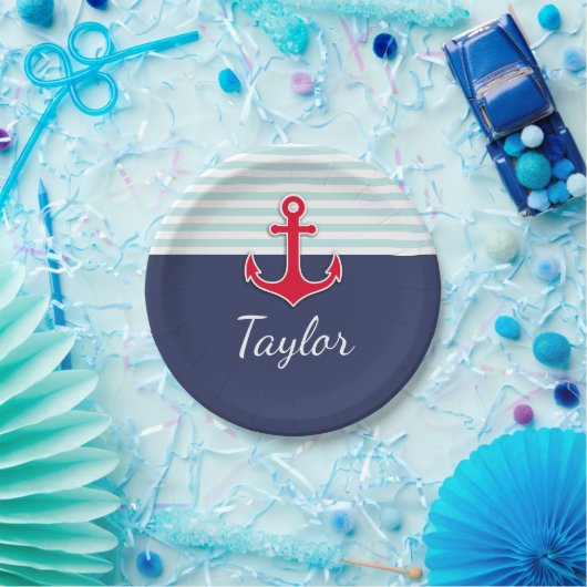 Donkerblauwe munt gestreept rood anker aangepaste papieren bordje (Feest)