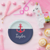 Donkerblauwe munt gestreept rood anker aangepaste papieren bordje (Feest)