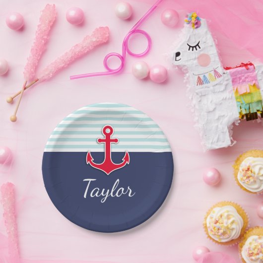 Donkerblauwe munt gestreept rood anker aangepaste papieren bordje (Feest)