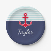 Donkerblauwe munt gestreept rood anker aangepaste papieren bordje (Voorkant)