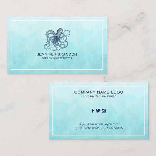 Donkerblauwe nautische octopus visitekaartje (Voorkant / Achterkant)