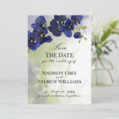 Donkerblauwe Orchidee Aquarel Save the Date (Staand voorkant)