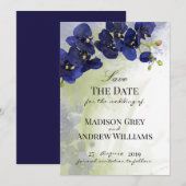 Donkerblauwe Orchidee Aquarel Save the Date (Voorkant / Achterkant)