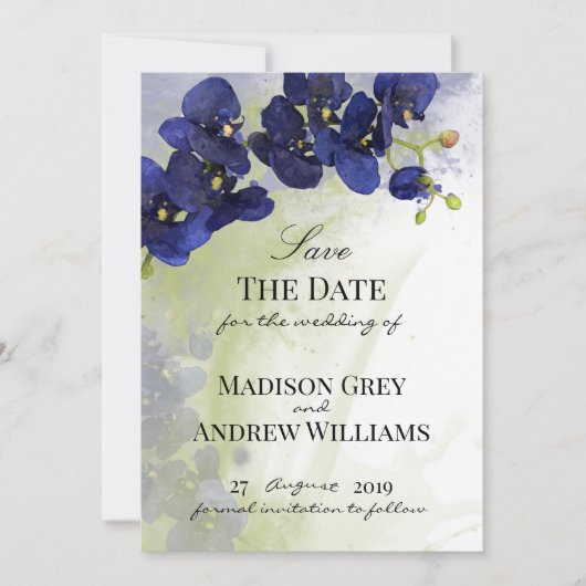 Donkerblauwe Orchidee Watercolor Save the Date (Voorkant)