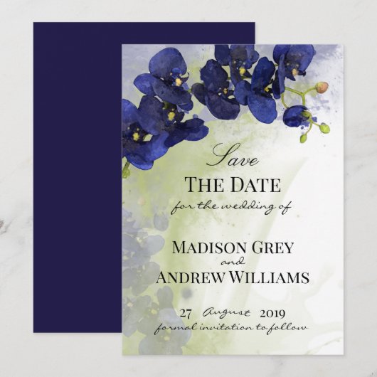 Donkerblauwe Orchidee Watercolor Save the Date (Voorkant / Achterkant)