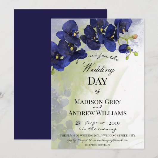 Donkerblauwe ororrode Waterverf bruiloft Kaart (Voorkant / Achterkant)