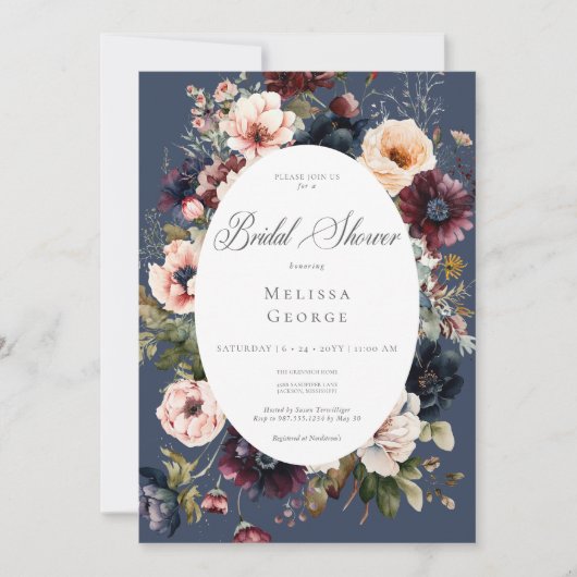 Donkerblauwe ovale bloemrijke rand bruidsmeisjesfe kaart (Voorkant)