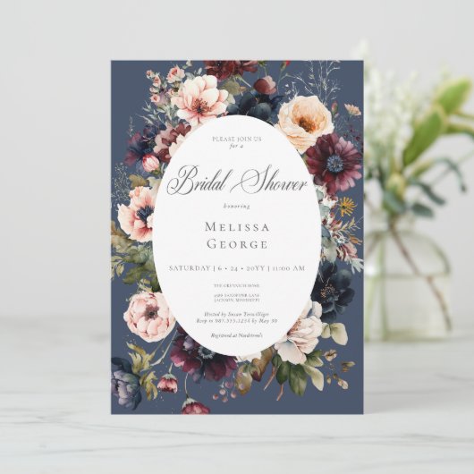 Donkerblauwe ovale bloemrijke rand bruidsmeisjesfe kaart (Staand voorkant)