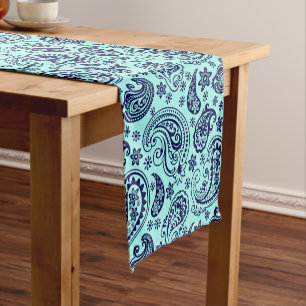 Donkerblauwe paisley op muntgroen korte tafelloper