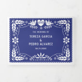 Donkerblauwe papel picado liefde vogels bruiloft drieluik uitnodiging (Cover)