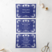 Donkerblauwe papel picado liefde vogels bruiloft drieluik uitnodiging (Binnen)