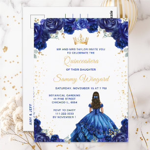Donkerblauwe Princesselijke Bloemige Quinceañera Briefkaart