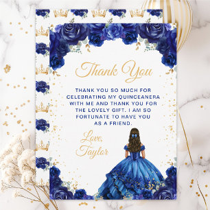 Donkerblauwe Prinses Bloemige Quinceañera Bedankkaart