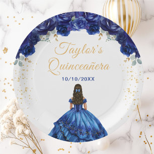 Donkerblauwe Prinses Bloemige Quinceañera Papieren Bordje
