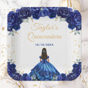 Donkerblauwe Prinses Bloemige Quinceañera Papieren Bordje
