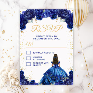 Donkerblauwe Prinses Bloemige Quinceañera RSVP Kaartje
