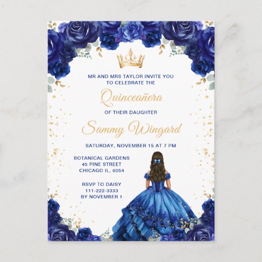 Donkerblauwe prinses Floral Quinceañera Briefkaart (Voorkant)