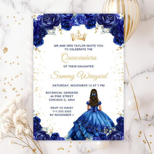 Donkerblauwe prinses Floral Quinceañera Kaart