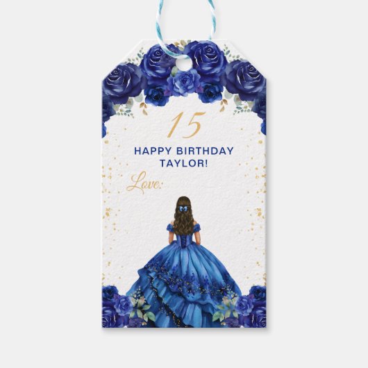 Donkerblauwe prinses Quinceañera Happy Birthday Cadeaulabel (Voorkant)