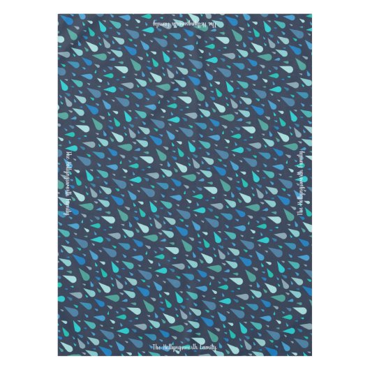 Donkerblauwe regendruppels met aangepaste naam tafelkleed (Voorkant)