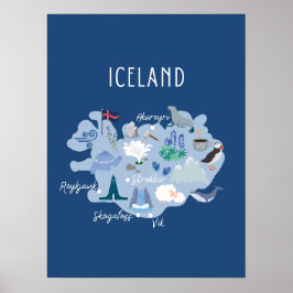 Donkerblauwe reisgids kaart van IJsland Poster