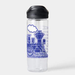 Donkerblauwe retro stoomtrein volledige naam waterfles