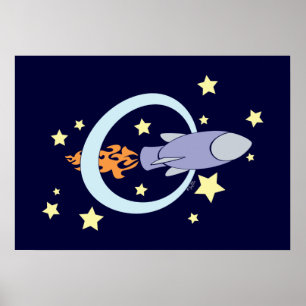 Donkerblauwe Rocket Kinder Retro Space Poster