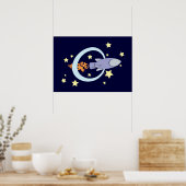 Donkerblauwe Rocket Kinder Retro Space Poster (Keuken)