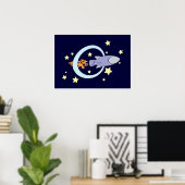 Donkerblauwe Rocket Kinder Retro Space Poster (Thuiskantoor)
