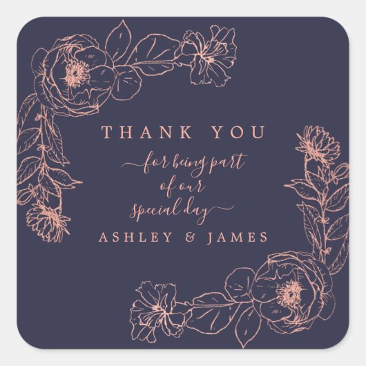 Donkerblauwe roosgouden bloem bruiloft bedankt vierkante sticker (Voorkant)