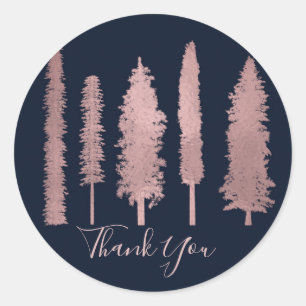 Donkerblauwe Roze Gouden Bosachtige Bomen Rustiek Ronde Sticker